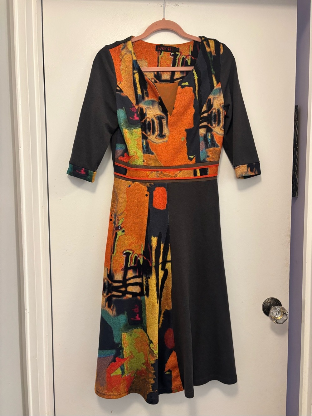 Lulu H Paris Artisan-Inspired Orange & Black Printed Midi Dress a line boho
